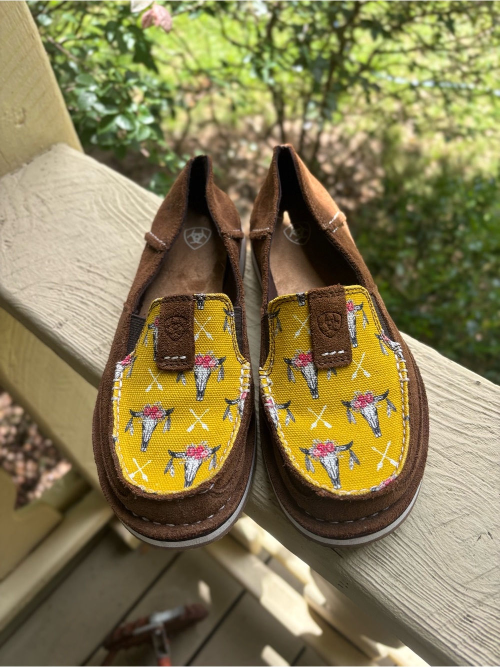 Ariat Brown Suede Cruiser with Yellow Floral Skull Canvas Accent